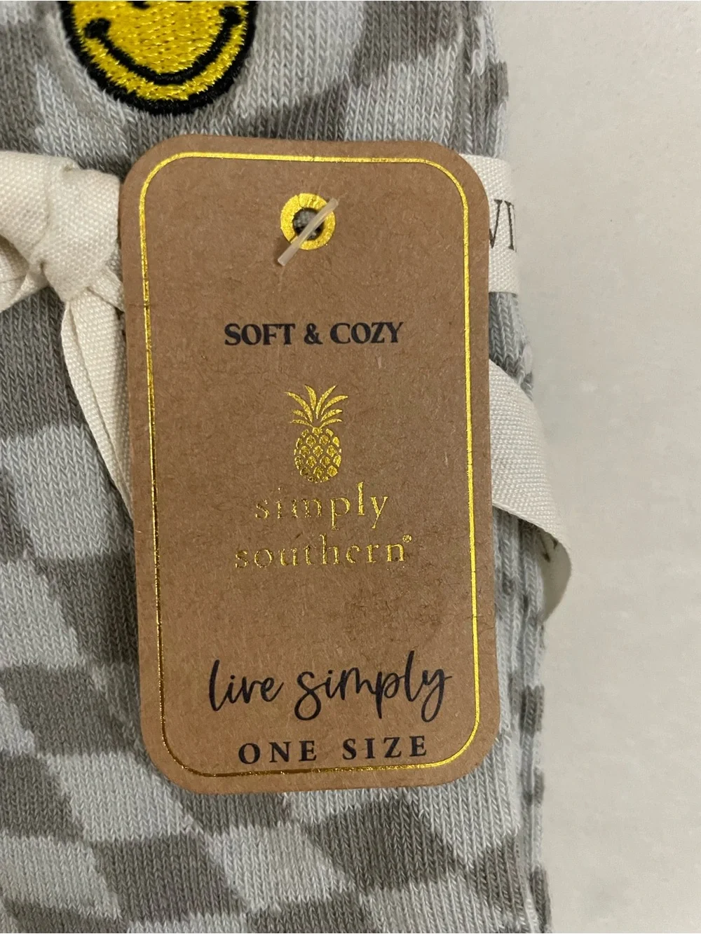 Simply Southern Gray Checkered Socks with Yellow Smiley Patch NWT 100% Cotton